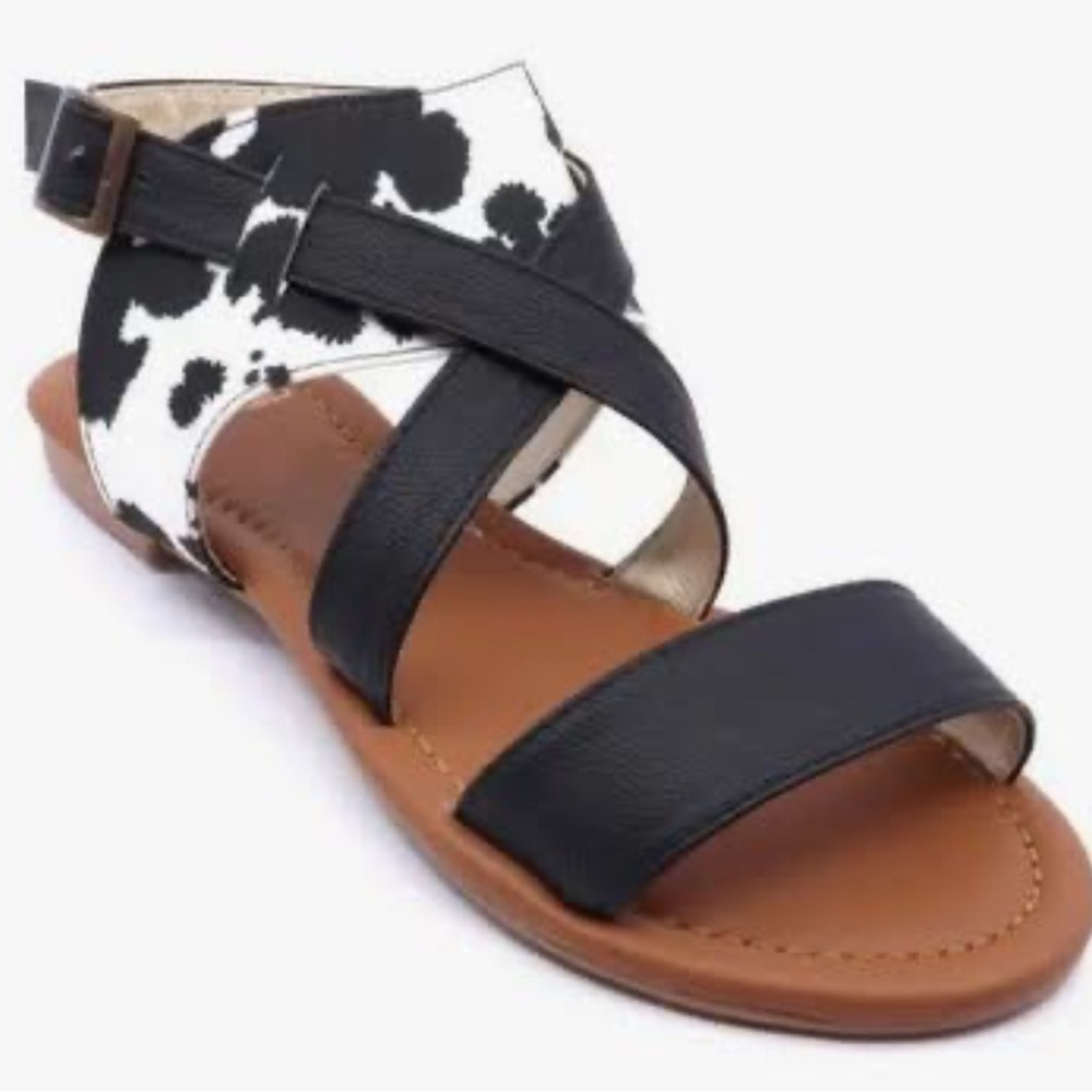 Cow Print & Black Strappy Flat Sandal (Size 9)